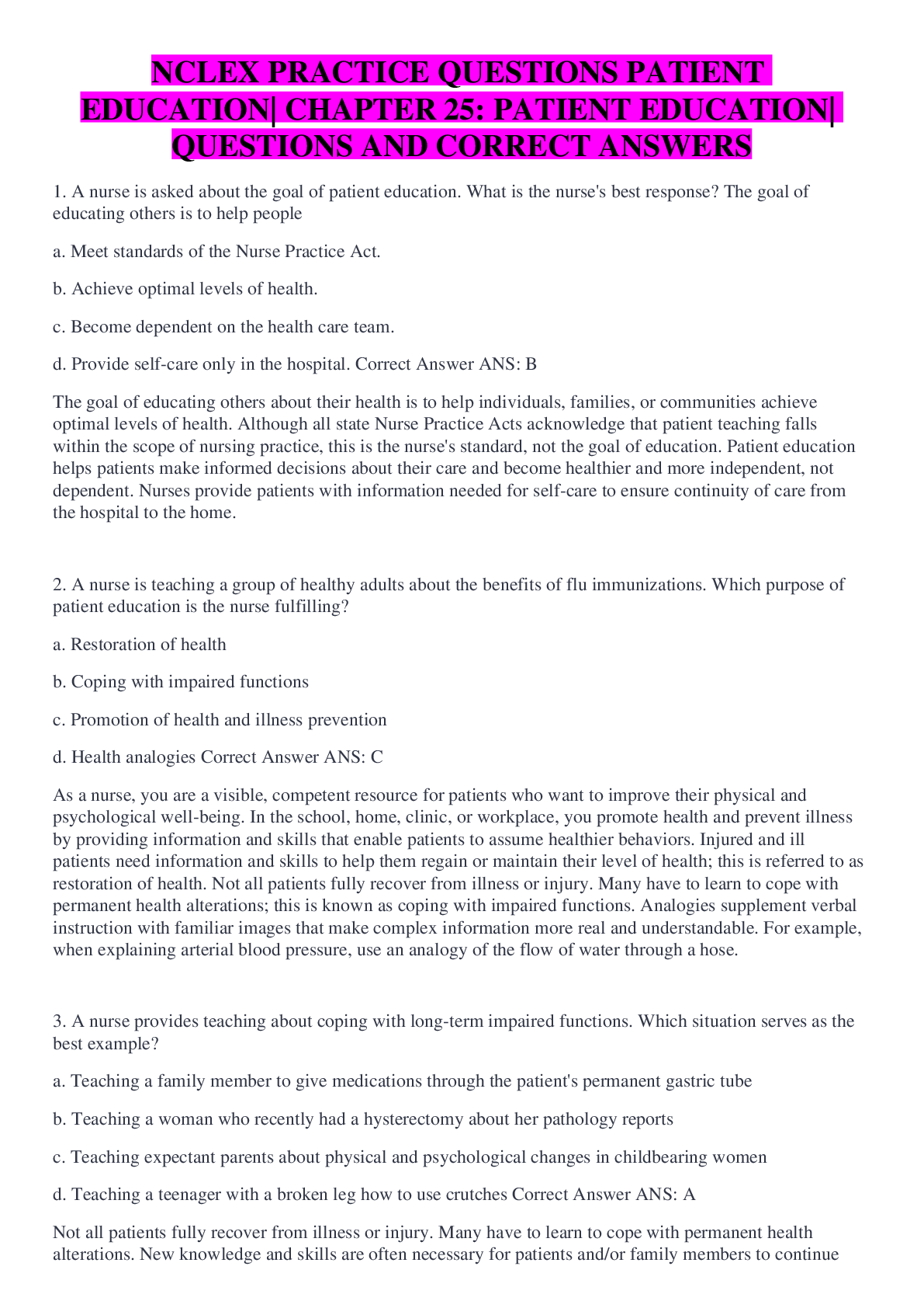 NCLEX PRACTICE QUESTIONS PATIENT EDUCATION CHAPTER 25 PATIENT